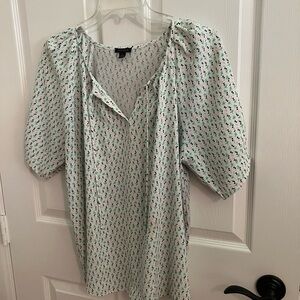 Ann Taylor White Blouse with Green Floral Print